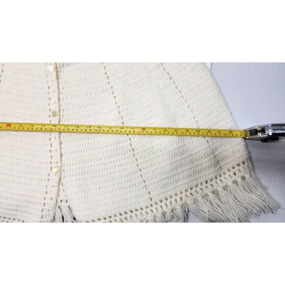 Handmade Wool Blend Crochet Cape With Fringe Trim & Button Closure - Picture 10 of 10